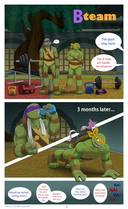 adolescent anthro biceps clothing dojo exercise growth male muscular muscular_male pecs shell smile teasing text weights workout young bakameganekko teenage_mutant_ninja_turtles donatello_(tmnt) ice_cream_kitty michelangelo_(tmnt) reptile scalie turtle absurd_res comic english_text hi_res