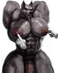 abs anthro areola beard biceps big_areola big_muscles big_nipples big_pecs elderly elderly_male facial_hair floating_hands fur genitals glistening_pecs grey_body grey_fur hands_behind_back huge_areola huge_nipples hyper hyper_areola hyper_nipples looking_at_viewer male mature_anthro muscular muscular_male nipple_fetish nipple_pinch nipple_play nipple_pull nipples nude pecs penis pinch simple_background solo thick_thighs vein veiny_penis hohohonse canid canine canis mammal wolf digital_media_(artwork)