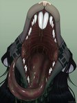 anthro black_hair bodily_fluids buccinator buckfangs buckteeth female fur grey_body grey_fur hair imminent_vore mouth_shot open_mouth saliva saliva_on_face saliva_on_tongue solo teeth teeth_showing tongue tongue_out hellezra mammal murid murine rat reptile rodent scalie snake digital_media_(artwork) hi_res