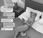 2020 amber_(zaush) anthro bed bird_dog bottomless breasts canid canine canis casual_exposure clothed clothing comic dialogue digital_media_(artwork) domestic_dog electronics english_text eyewear female fur furniture glasses greyscale hair holding_object holding_phone hunting_dog jewelry labrador lying mammal monochrome nipple_outline nipples on_back phone retriever ring smile solo text zaush