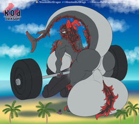 anthro back_muscles ball_tuft balls barbell beach_towel beach_umbrella big_balls big_breasts big_butt big_muscles big_penis big_tail black_hair black_nipples blue_sky breasts butt claws cloud cloudy_sky colored_nails digitigrade dorsal_fluff ear_fins fangs fin fluffy fluffy_chest fluffy_hair forked_tongue genitals grey_body gynomorph hair highlights_(coloring) horn huge_balls huge_breasts huge_butt huge_muscles huge_penis huge_tail huge_thighs hyper hyper_balls hyper_breasts hyper_genitalia hyper_penis intersex lifting logo long_hair long_tail long_tongue macro markings multicolored_hair muscular muscular_arms muscular_intersex muscular_thighs nails nipples palm_tree parasol pawpads penis pink_tongue plant pubes raised_tail rear_view red_claws red_eyes red_highlights red_horn red_markings red_nails sea shark_fin shark_tail sharp_teeth sky solo standing tail teeth thick_tail thick_thighs tongue towel tree tuft water wide_hips knockedoutdragon mythology karina_(knockedoutdragon) aquatic dragon eastern_dragon fish hybrid mythological_creature mythological_scalie scalie shark artist_logo hi_res watermark