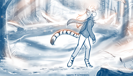 antenna_hair anthro barefoot biped bottomwear breasts clothed clothed_anthro clothed_female clothing covered_in_snow detailed_background digitigrade ears_up feet female fingers footprint fully_clothed fully_clothed_anthro fully_clothed_female fur hair looking_up markings no_shoes outside scarf shoeless side_view smile snow snowscape solo striped_body striped_fur striped_markings striped_tail stripes tail tail_markings toes topwear walking winter winter_clothing conditional_dnp tom_fischbach twokinds flora_(twokinds) felid keidran mammal pantherine tiger 2025 7:4 digital_drawing_(artwork) digital_media_(artwork) hi_res monochrome sketch spot_color