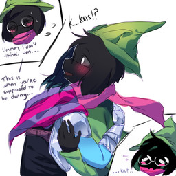 anthro black_body black_fur blush blush_stickers bodily_fluids clothed clothing dialogue duo eyewear flying_sweatdrops fur glasses hair hat headgear headwear hug male scarf simple_background smile sweat sweatdrop text white_background witch_hat janineuy09_(artist) deltarune undertale_(series) kris_dreemurr ralsei bovid caprine darkner goat human mammal 1:1 2018 digital_media_(artwork) english_text hi_res