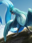 2019 3:4 articuno avian beak biped bird feathers feet feral generation_1_pokemon hi_res landscape_dwarfing legendary_pokemon macro magpi male nintendo open_mouth pokemon pokemon_(species) red_eyes solo standing talons teal_body teal_feathers toes tongue tongue_out wings