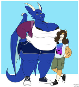 5_fingers anthro belly big_breasts black_nose blue_background blue_body blue_eyebrows border bottomwear bra breasts brown_eyes brown_hair cleavage clothed clothing duo eyebrows female fingers footwear fur gloves_(marking) hair horn jacket larger_female leg_markings looking_at_viewer male markings multicolored_body multicolored_fur navel_outline obese obese_anthro obese_female overweight overweight_anthro overweight_female sharp_teeth shirt shoes shorts simple_background size_difference smaller_male smile socks_(marking) tail tan_body tan_fur tan_horn teal_wings teeth topwear underwear white_border wide_hips wings yellow_eyes day-tripper-guy mythology blue_(day-tripper-guy) isaac_(day-tripper-guy) canid canine canis domestic_dog dragon mammal mythological_creature mythological_scalie scalie 2021 absurd_res hi_res