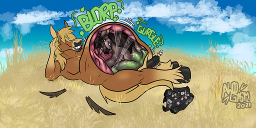 animal_genitalia animal_penis anthro belly big_belly bodily_fluids duo equine_genitalia equine_penis erection fur genitals grass internal lying male nude on_side onomatopoeia oral_vore outside overweight penis plant rumbling_stomach simple_background sound_effects stomach_acid tail teeth text vore awoogasm noiro_(ro_horse) deer equid equine horse mammal 2021 digital_media_(artwork) english_text hi_res