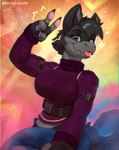 abstract_background anthro blep bottomwear clothed clothing female gesture hand_gesture pants solo sweater tongue tongue_out topwear v_sign mrjairorate mamagen hi_res