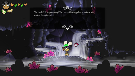 anthro bottomwear brown_body burro cave clothing dialogue dialogue_box knight knight_helmet leaf loincloth male plant ravine river standing text user_interface warrior water iloveslutyshortstax infosprite veggiefolk 16:9 4k absurd_res english_text hi_res widescreen