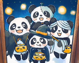 black_body black_fur black_nose blush candy chibi clothing costume cute_fangs dessert fangs food fur group halloween_costume hat headgear headwear holidays mummy_costume mummy_wrappings night teeth tongue tongue_out white_body white_fur araru halloween bear giant_panda mammal 2020 hi_res
