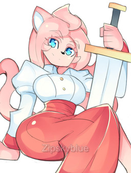 blue_eyes female fur holding_object holding_weapon pink_body pink_fur smile solo weapon zipskyblue meredith_(zipskyblue) animal_humanoid cat_humanoid felid felid_humanoid feline feline_humanoid humanoid mammal mammal_humanoid hi_res