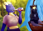 anthro beverage black_body black_fur blonde_hair blue_body blue_eyes blurred_background bottomwear clothed clothing cutaway drinking duo ear_frill eyes_closed female female_pred frill_(anatomy) fully_inside fur glistening glistening_eyes grey_body grey_fur hair holding_beverage holding_object horn inside_stomach internal male male/female male_prey nude one_eye_closed outside pink_clothing pink_topwear purple_bottomwear purple_clothing scales sitting topwear vore white_horn yellow_body yellow_frill yellow_scales roobin coca-cola mythology umiriko canid dragon mammal mythological_creature mythological_scalie scalie