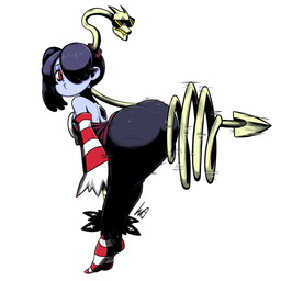 armwear attack attack_pose bent_over big_butt bite biting_lip biting_own_lip blue_body blue_skin breasts butt butt_bump butt_focus clothed clothing dark_hair detached_sleeves dress eye_bags eyewear female hair hair_over_eye huge_butt leggings legwear lidded_eyes lips looking_at_butt looking_back monster_girl_(genre) motion_lines neckwear open_back_dress parted_lips pattern_armwear pattern_clothing pattern_leggings pattern_legwear ponytail pose presenting presenting_hindquarters red_eyes self_bite side_ponytail simple_background small_breasts solo striped_armwear striped_clothing striped_leggings striped_legwear striped_sleeves stripes sunglasses sunglasses_on_face tight_clothing tight_dress tiptoes white_background wide_hips lughostin dat_ass_(meme) european_mythology mythology skullgirls leviathan_(skullgirls) squigly dragon humanoid mythological_creature mythological_scalie parasite_(skullgirls) scalie undead wyrm_(dragon) zombie 1:1 2025 digital_media_(artwork) full-length_portrait hi_res meme portrait signature