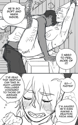 bdsm blush bondage bound breasts clothed clothing duo exclamation_point female gills hair male male/female not_furry nude rope scales sex speech_bubble text starfleetrambo edward_(starfleetrambo) oskar_(starfleetrambo) human humanoid mammal oarfish_humanoid siren comic digital_media_(artwork) english_text hi_res sketch trans_(lore) trans_man_(lore)