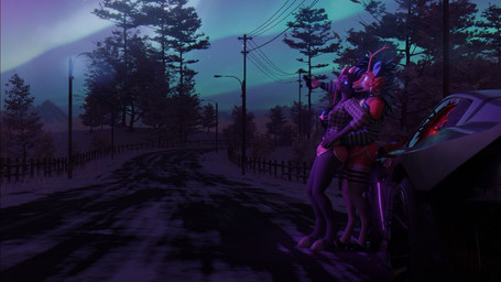 anthro aurora_(phenomenon) car clothed clothing duo female femboy gesture hand_gesture horn leaning_on_another male outside pointing snow vehicle wings sanythefox rose_(rosethegoat) sany_van_fox bovid caprine goat lagomorph mammal wolpertinger 16:9 3d_(artwork) digital_media_(artwork) widescreen