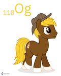 2021 4:5 absurd_res blonde_hair brown_body clothing earth_pony english_text equid equine fan_character feral hair happy hasbro hat headgear headwear hi_res horse leg_markings male mammal markings my_little_pony oganesson parclytaxel pony red_eyes signature simple_background smile socks_(marking) solo text white_background