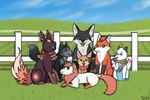 female fence feral field grass group male plant sky heliofox nintendo pokemon corona_(heliofox) elly_(heliofox) helio_(heliofox) holly_(heliofox) maia_(heliofox) noir_(heliofox) sierra_(heliofox) canid canine eeveelution fennec_fox fox generation_1_pokemon jolteon mammal pokemon_(species) true_fox