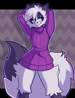 anthro bottomless breasts cheek_tuft clothed clothing dipstick_tail eyebrows facial_tuft female fluffy fluffy_tail front_view fur half-closed_eyes hands_behind_head leg_markings looking_aside markings narrowed_eyes pattern_background purple_clothing purple_eyes purple_sweater purple_topwear simple_background small_breasts smile socks_(marking) solo sweater sweater_only tail tail_markings topwear topwear_only tuft white_body white_fur wide_hips conditional_dnp teckworks dust_(mewgle) arctic_fox canid canine fox mammal true_fox 2023 digital_media_(artwork) signature nonbinary_(lore)