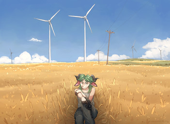 ambiguous_gender anthro cloud detailed_background farm field gun handgun looking_at_viewer ranged_weapon revolver sky smile smirk solo weapon wheat wind_turbine wire mynameiscomic bovid caprine goat mammal hi_res nonbinary_(lore)