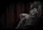 anthro background_smoke bottle chair container female furniture horn kagora old_clothes pose sitting solo thinking thoughtful_expression throne underground kredri warhammer_(franchise) mammal murid murine rat ratling rodent skaven colored hi_res