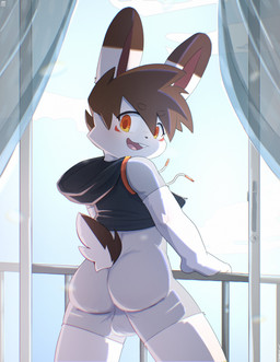 anthro armwear backsack balls bottomless bottomless_male butt clothed clothing fur genitals legwear long_ears male orange_eyes rear_view sleeveless_hoodie solo stockings white_body white_fur himacat lagomorph leporid mammal rabbit absurd_res hi_res