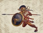 animal_genitalia animal_penis anthro antlers armor balls bottomwear clothed clothing fur genitals headgear helmet hooves hoplite horn leg_tuft male melee_weapon orange_body orange_fur partially_clothed penis polearm running scut_tail sheathed_weapon shield short_tail simple_background skimpy skirt solo spear sword tail topwear tuft unconvincing_armor weapon momamo mo_(momamo) cervine deer elk mammal absurd_res digital_media_(artwork) hi_res