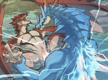 anthro anthro_on_anthro anthro_penetrated anthro_penetrating anthro_penetrating_anthro blue_body blue_scales claws duo electricity electrogenesis erection genitals grabbing_raised_legs long_neck male male/male male_penetrated male_penetrating male_penetrating_male open_mouth penetration penis red_body red_scales scales sex slit_penetration slit_play surprised toe_claws tongue tongue_out tremble_spikes lan_rizardon capcom monster_hunter mythology dragon flying_wyvern lagiacrus leviathan_(mh) mythological_creature mythological_scalie rath_wyvern rathalos scalie