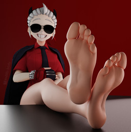 biped black_nails clothed clothing colored_nails eyewear feet female fingerless_gloves fingers foot_fetish foot_focus foot_on_table footwear furniture gloves hair handwear high_heels horn humanoid_feet looking_at_viewer nails necktie not_furry pedicure plantigrade red_clothing red_shirt red_topwear shirt shoes simple_background smile soles solo sunglasses table toes topwear white_hair wide_hips n00b-body helltaker justice_(helltaker) demon humanoid mammal 3d_(artwork) digital_media_(artwork) hi_res