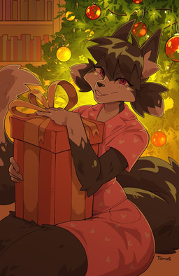 bookshelf box christmas_tree clothing container female fluffy fluffy_tail furniture gift_box holding_object holidays looking_at_viewer multicolored_body nightgown plant red_eyes sitting smile solo tail tree two_tone_body wide_hips tvmob christmas canid canine canis mammal wolf 2025 hi_res