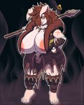 anthro areola armwear big_breasts bottomwear breasts brown_hair clothing female hair huge_breasts hunter jacket legwear melee_weapon pink_body polearm scar skirt solo spear tongue topwear weapon zeromccall jasmine_boingston lagomorph leporid mammal rabbit 4:5 hi_res