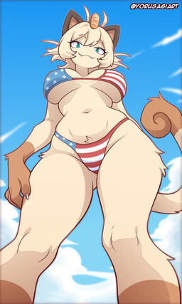 4_fingers american_flag_bikini anthro anthrofied bikini bikini_bottom bikini_top blonde_hair blue_eyes breasts claws clothed clothed_anthro clothed_female clothing cloud day female finger_claws fingers flag_bikini flag_swimwear front_view fur hair looking_at_viewer looking_down looking_down_at_viewer low-angle_view navel outside pokemorph sky smile solo swimwear tail tan_body tan_fur tan_tail teeth thong two-piece_swimsuit underwear whiskers yorusagi nintendo pokemon generation_1_pokemon meowth pokemon_(species) 2025 digital_drawing_(artwork) digital_media_(artwork) hi_res