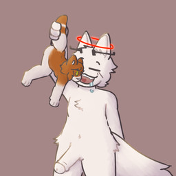 anthro antlers bodily_fluids drooling duo eye_markings genitals halo held_by_tail held_up holding_by_tail horn imminent_vore larger_pred male male/male markings open_mouth oral_vore penis predator/prey saliva size_difference unwilling_prey vore spatey miso_(spatey) canid canine domestic_cat felid feline felis fox mammal 1:1 hi_res