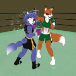 anthro barefoot black_eye_(injury) black_nose blue_body blue_eyes blue_fur blue_tail bottomwear boxing boxing_gloves bra brown_eyes bruised clothing dipstick_tail dolphin_shorts duo eyebrows eyelashes feet female fight fighting_ring footwear fur handwear inner_ear_fluff leg_markings markings midriff motion_lines mouthguard multicolored_body multicolored_fur multicolored_tail navel one_eye_closed open_mouth open_smile orange_body orange_fur orange_tail punch shorts smile socks_(marking) sport sports_bra tail tail_markings tuft underwear white_body white_fur white_tail wendel_fragoso nintendo star_fox jane_(blu-the-tiger) krystal_(star_fox) canid canine fox mammal 1:1 2018 absurd_res hi_res signature