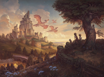ambiguous_gender braided_hair bridge castle clothing cloud dress feral flower flying grass group hair horn in_tree membrane_(anatomy) membranous_wings outside plant red_body red_clothing red_dress red_scales river road rock ruins scales star stone_bridge stone_wall tail tree wall_(structure) wings young justin_gerard mythology canid canine canis domestic_dog dragon human mammal mythological_creature mythological_scalie scalie 2020 hi_res