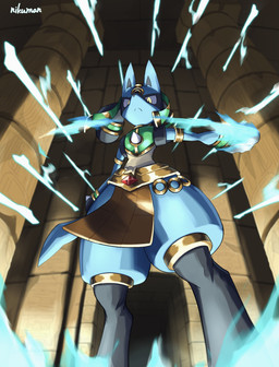 ambiguous_gender anthro black_body black_fur blue_body blue_ears blue_fur chest_spike clothing egyptian egyptian_clothing fur gem gold_(metal) gold_jewelry holowear_(pokemon) jewelry looking_at_viewer looking_down looking_down_at_viewer magic ruby_(gem) solo spikes spikes_(anatomy) standing yellow_eyes niku1441 nintendo pokemon pokemon_unite ruins_style_lucario generation_4_pokemon lucario pokemon_(species) absurd_res hi_res