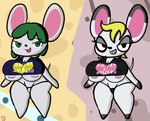 anthro areola areola_slip bedroom_eyes big_breasts breasts bursting_breasts clothed clothing duo female half-closed_eyes heart_eyes heart_symbol looking_at_viewer narrowed_eyes nipple_outline seductive short_stack skimpy under_boob wide_hips klutzatdusk animal_crossing nintendo bella_(animal_crossing) bree_(animal_crossing) mammal mouse murid murine rodent