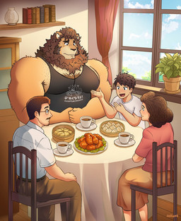 anthro belt beverage biceps black_clothing black_shirt black_tank_top black_topwear blue_sky body_hair book bookshelf bottomwear brown_belt brown_bottomwear brown_clothing brown_hair brown_mane brown_pants cabinet chair chest_hair chicken_meat clothing cloud collared_shirt container cup curtains day dialogue dining_room dinner_table dumplings eyewear facial_hair female food fur furniture glasses goatee group hair happy inside khaki_pants larger_anthro larger_male male mane meat muscular muscular_anthro muscular_male mustache nervous on_chair pants pecs pink_clothing pink_shirt pink_topwear plant plant_pot plate potted_plant print_clothing print_topwear red_curtains shirt sitting sitting_on_chair size_difference skinny_female skinny_human skinny_male sky smaller_female smaller_human smaller_male tablecloth tan_body tan_fur tank_top tea tea_cup text text_on_clothing text_on_topwear topwear tree vase white_clothing white_shirt white_topwear window joliant felid human lion mammal pantherine 2025 artist_name hi_res father_(lore) father_and_child_(lore) father_and_son_(lore) mother_(lore) mother_and_child_(lore) mother_and_son_(lore) parent_(lore) parent_and_child_(lore) parent_and_son_(lore) son_(lore)