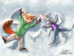 3_toes 4_fingers anthro barefoot breasts claws clothed clothing feet female fingers looking_at_another looking_at_partner lying male on_back open_mouth open_smile outside pawpads simple_background small_breasts smile snow snow_angel spread_arms spread_legs spreading toe_claws toes link6432 disney zootopia judy_hopps nick_wilde canid canine fox lagomorph leporid mammal rabbit red_fox true_fox hi_res