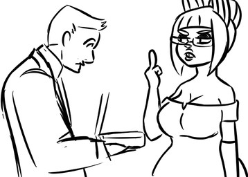 anthro big_breasts breasts briefcase buckteeth cleavage clothed clothing duo eye_contact eyeshadow eyewear female gesture glasses hand_gesture holding_object looking_at_another makeup male middle_finger side_view simple_background teeth white_background inkyfrog scarlett_(inkyfrog) human lagomorph leporid mammal rabbit 2016 black_and_white monochrome