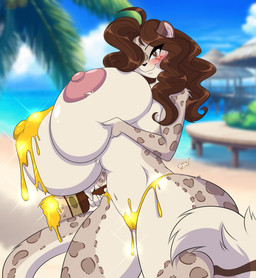 anthro areola big_breasts big_butt biped blush bodypaint breast_squish breasts brown_hair butt female gold_paint hair hair_over_eye hand_on_breast huge_breasts looking_at_viewer nipples outside pupils smile squish thick_thighs wide_hips mastergodai golden_week felid mammal pantherine