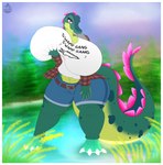 anthro big_breasts border breasts female green_body holding_breast huge_breasts hyper hyper_breasts non-mammal_breasts solo white_border wide_hips bds_charmeleon allesgator crocodilian reptile scalie 2021 absurd_res hi_res