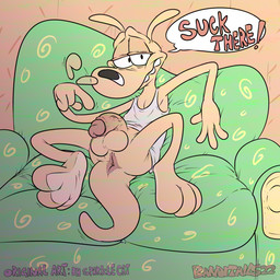 anthro anus balls bottomless butt clothed clothing dialogue furniture genitals gesture hand_gesture humanoid_genitalia humanoid_penis looking_at_viewer male oral_request penis pointing pointing_at_self requesting sex_request smile sofa solo speech_bubble tail teeth text thick_tail vhs_filter foxbtails nickelodeon rocko's_modern_life rocko_rama macropod mammal marsupial wallaby 1:1 english_text redraw