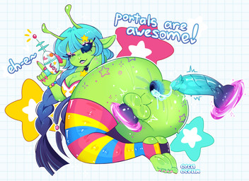 alien_genitalia anus balls blue_hair bodily_fluids braided_hair cum cum_in_ass cum_inside feet gaping gaping_anus genital_fluids genitals green_body gun hair intersex non-euclidean_sex one_eye_closed penis pointy_ears portal portal_ring portal_sex ranged_weapon sex solo sweat sweatdrop text thinking_with_portals weapon wink orcaocean alien humanoid absurd_res hi_res female_(lore)