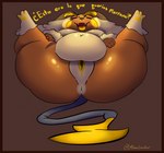 anthro anus bedroom_eyes belly big_belly big_breasts big_butt big_tummy border breasts butt female fluffy fur fusion genitals glowing glowing_cheeks half-closed_eyes huge_breasts long_ears looking_at_viewer narrowed_eyes nude open_mouth orange_border overweight overweight_anthro overweight_female pawpads paws pokemon_fusion presenting presenting_anus presenting_pussy pussy seductive simple_background slightly_chubby slightly_chubby_female smile smirk smug smug_face solo spread_legs spreading tail text thick_thighs tongue white_body wide_hips yellow_pussy mlemgoober nintendo pokemon pokemon_infinite_fusion raipunny generation_1_pokemon generation_4_pokemon humanoid hybrid lopunny mammal pokemon_(species) raichu digital_media_(artwork) hi_res spanish_text