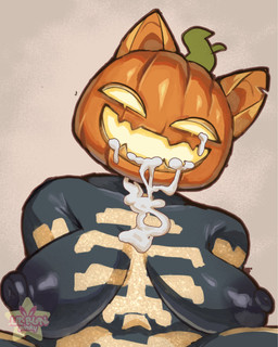 after_sex aroused big_breasts black_body bodily_fluids bone breasts cum cum_in_mouth cum_inside cum_on_face female food for_a_head fruit genital_fluids hands_behind_back happy head_tilt jack-o'-lantern looking_at_viewer plant pointy_ears presenting presenting_breasts pumpkin pumpkin_head rib_cage sharp_teeth simple_background skeleton skeleton_bodypaint solo stem teeth text lilbunpinky epic_games fortnite spice_(fortnite) animal_humanoid cat_humanoid felid felid_humanoid feline feline_humanoid humanoid mammal mammal_humanoid object_head bust_portrait english_text hi_res portrait watermark