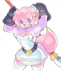 anthro cleavage_cutout clothing cutout female fur gloves handwear holding_object holding_weapon pink_body pink_fur smile solo tail weapon zipskyblue hanako_(zipskyblue) hi_res