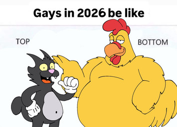 4_fingers anthro avian_caruncle beak black_body black_fur cheek_tuft clothing comb_(anatomy) duo facial_tuft fangs feathers fingers fur gloves half-closed_eyes handwear head_crest male mouth_closed narrowed_eyes navel open_mouth overweight overweight_anthro overweight_male pink_nose simple_background size_difference smile tail tail_feathers teeth text tuft white_background white_clothing white_gloves white_handwear yellow_body yellow_feathers pt80s0up family_guy ernie_the_giant_chicken scratchy_(the_simpsons) avian bird chicken domestic_cat felid feline felis galliform mammal phasianid 2026 digital_drawing_(artwork) digital_media_(artwork) english_description english_text meme