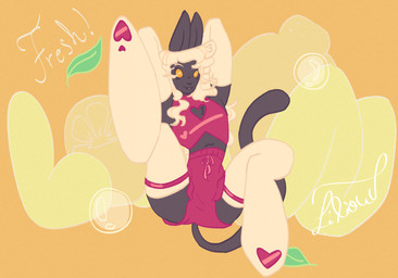 anthro arm_warmers armwear blush bottomwear bubble butt clothed clothing femboy food footwear fruit fur gloves hair handwear legwear lemon looking_at_viewer male plant shorts simple_background smile socks solo tail text thigh_highs topwear liliond lemon_(liliond) domestic_cat felid feline felis mammal digital_media_(artwork) hi_res