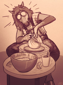 anthro bowl ceramics clay clothing container ear_piercing ear_ring eyewear facial_piercing female glasses mistake nose_piercing nose_ring overalls piercing pottery pottery_wheel ring_piercing solo sponge stubble surprised vase glopossum willow_(glopossum) equid equine horse mammal 3:4 hi_res trans_(lore) trans_woman_(lore)