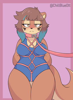 anthro bdsm blue_hair blush bondage bound breasts clothed clothing female fur hair leotard simple_background solo tail chillblue annie_(chillblue) mammal mustelid musteline otter absurd_res digital_media_(artwork) hi_res