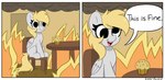 blonde_hair chair derp_eyes dialogue female feral food furniture hair muffin solo table text wings kittyrosie friendship_is_magic hasbro my_little_pony mythology this_is_fine derpy_hooves_(mlp) equid equine mammal mythological_creature mythological_equine pegasus absurd_res english_text hi_res meme